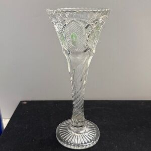 Antique EAPG Green Stained Bud Vase: Glass New Hampshire Bent Buckle, 1903 8.25”